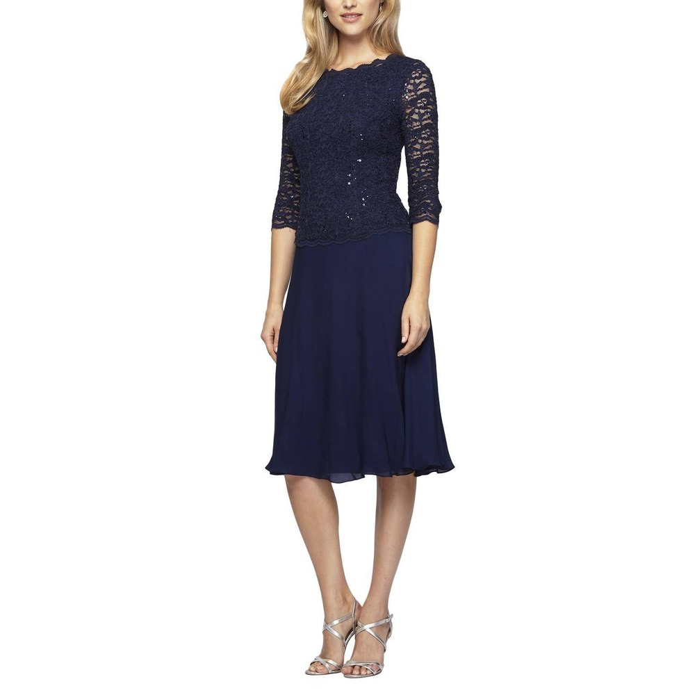 Alex Evenings Navy Blue Sequin Lace Chiffon Mock Dress 14P 2121796